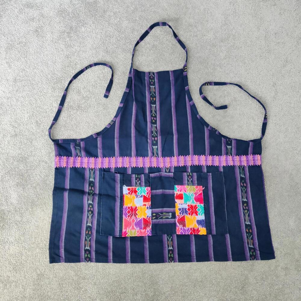 Handmade Boho Apron with Colorful Embroidered Pocket – Kitchen or Craft Use